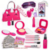 A pink princess pretend makeup kit for kids featuring various cosmetic tools and a storage purse.