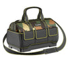 A black heavy-duty camouflage tool bag with a reinforced base and yellow trim is shown.