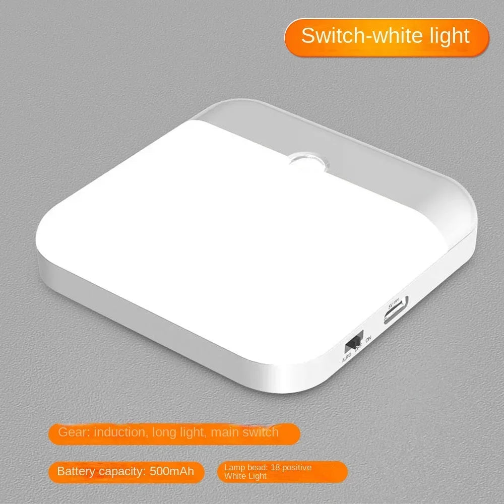 A white rechargeable motion sensor night light with an orange label indicating switch-white light and battery capacity.