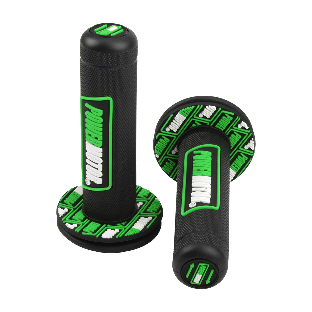 A black universal motorcycle handlebar grip with a green textured surface and vibration dampening features.