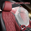 Close-up of a red quilted seat cover demonstrating an airbag working well in a car interior.