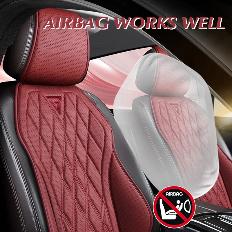 Close-up of a red quilted seat cover demonstrating an airbag working well in a car interior.