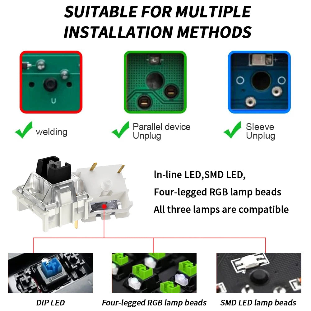 LED lamp beads for mechanical keyboards showing various installation methods like welding and plug-in