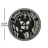 Black embroidered patch featuring a knight with a cross and the Latin phrase Deus vult.