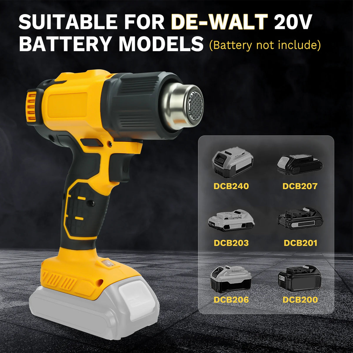 Yellow and black cordless heat gun suitable for DE-WALT 20V battery models.