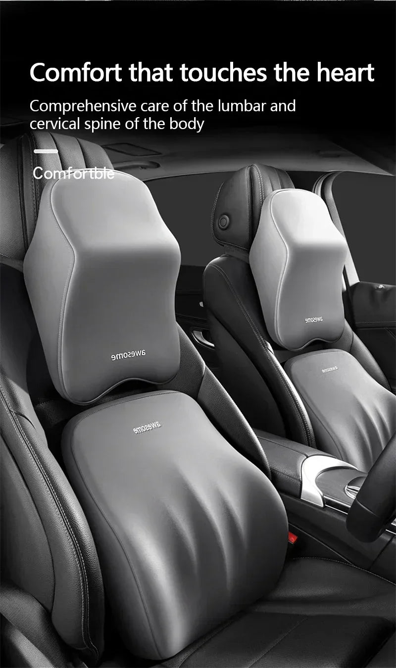 A close-up view of a gray memory foam car headrest and lumbar support pillow designed for comfort.