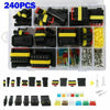 A plastic kit containing 240 electrical connectors with male and female terminals in black, yellow, and red colors.