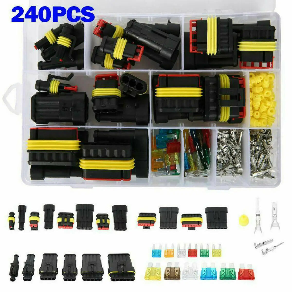 A plastic kit containing 240 electrical connectors with male and female terminals in black, yellow, and red colors.