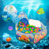 A colorful ball pit play tent with a crawl tunnel filled with plastic balls and featuring sea creatures.