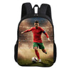 A black backpack featuring a soccer player in a red jersey and green shorts on the front pocket.