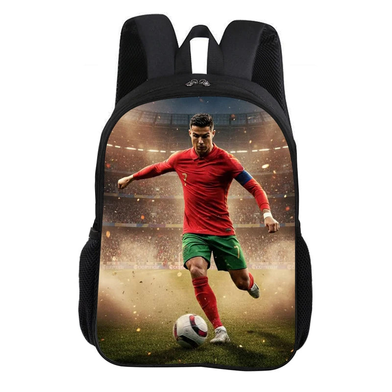 A black backpack featuring a soccer player in a red jersey and green shorts on the front pocket.