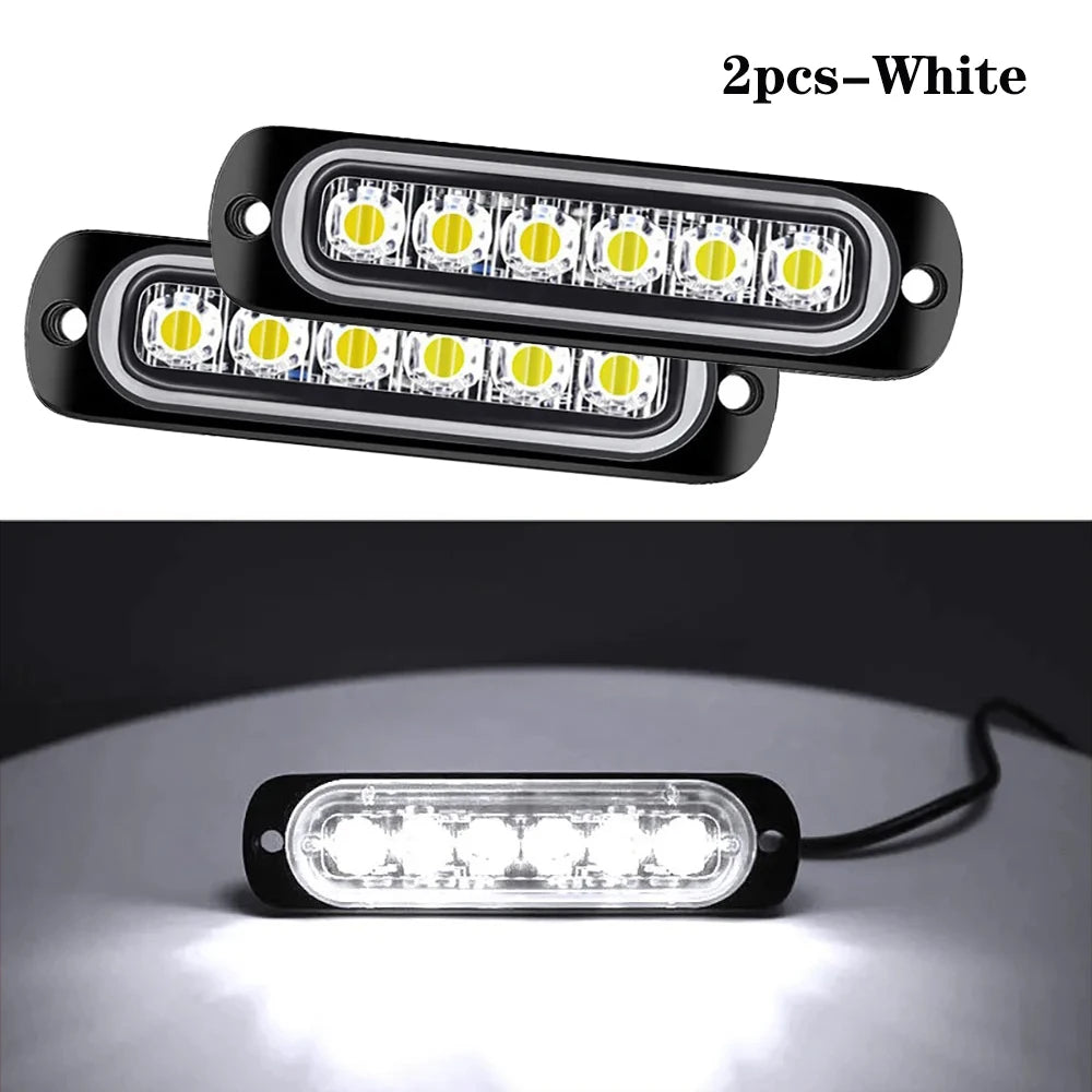 Two white LED strobe side marker lights for vehicles, shown in a packaged and installed view.