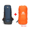An orange rain cover is shown next to a dark blue hiking backpack.