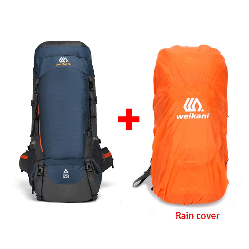 An orange rain cover is shown next to a dark blue hiking backpack.