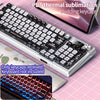A close-up of a white mechanical keyboard featuring custom PBT thermal sublimated pudding keycaps.