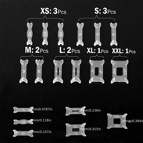 Silicone ring sizers for various sizes XS to XXL, showing different sized rings and measurements.