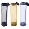 Three wall-mounted mesh bag dispensers in black, yellow, and gray.
