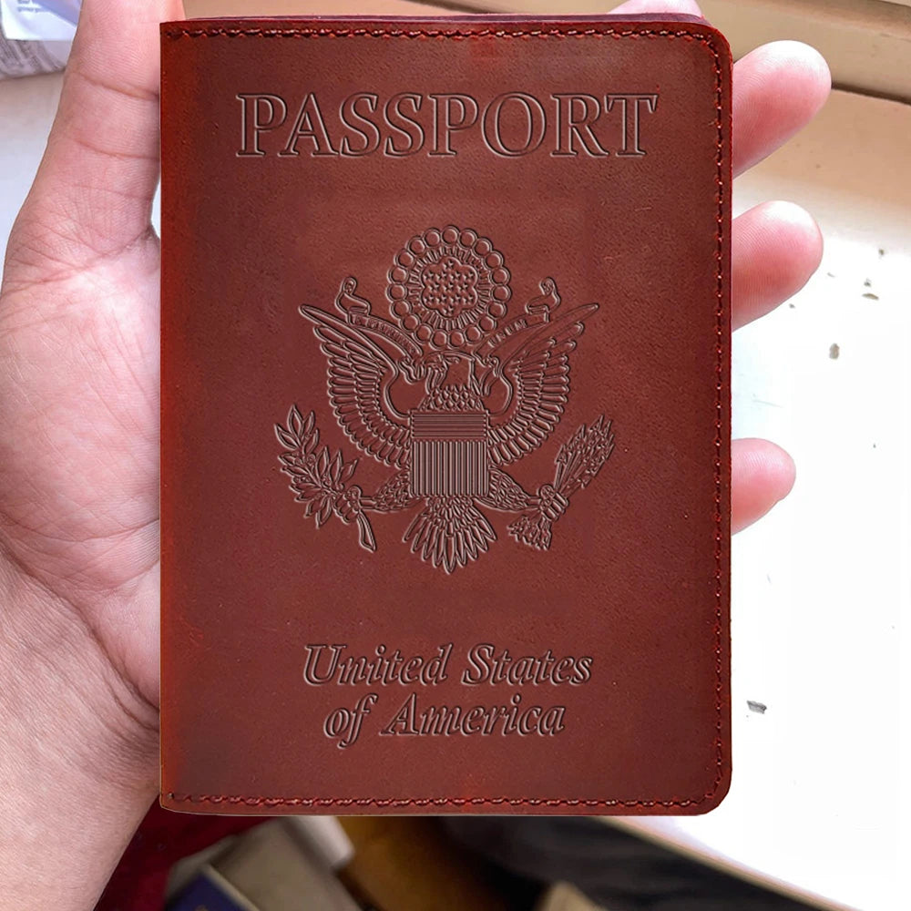 Genuine Leather Passport Holder with USA Flag Design