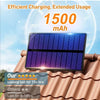 A solar-powered flood light panel is mounted on a roof, showing battery capacity and usage claims.