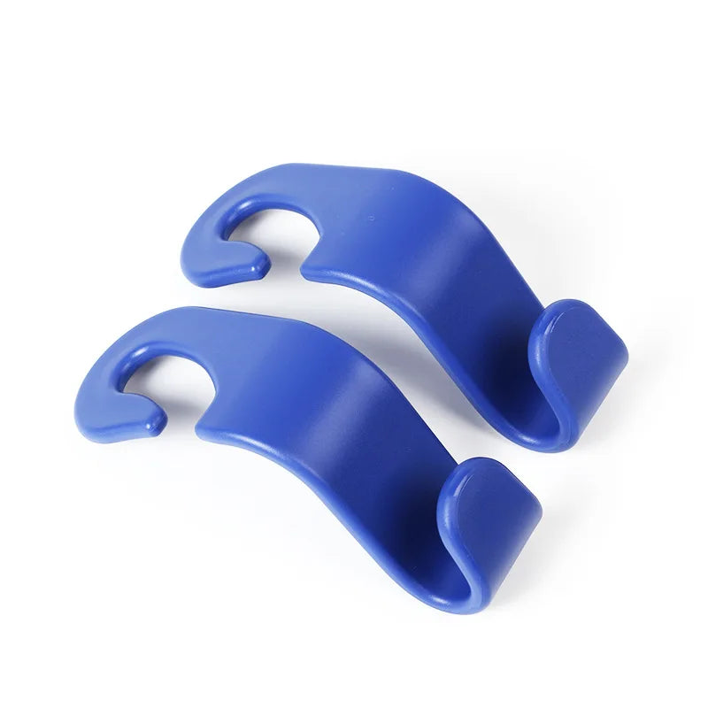 A pair of blue universal car seat headrest hooks.