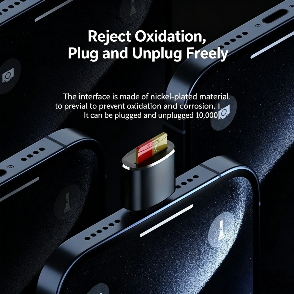 A close-up of a compact dual-interface memory card reader with a nickel-plated interface being plugged into a device.