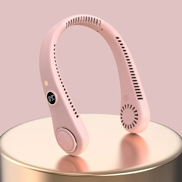 A pink hands-free bladeless neck fan with a digital display is shown on a light surface.