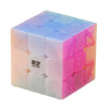 A translucent cube puzzle with pink and blue facets, featuring a white label that reads Qiyi Cube.