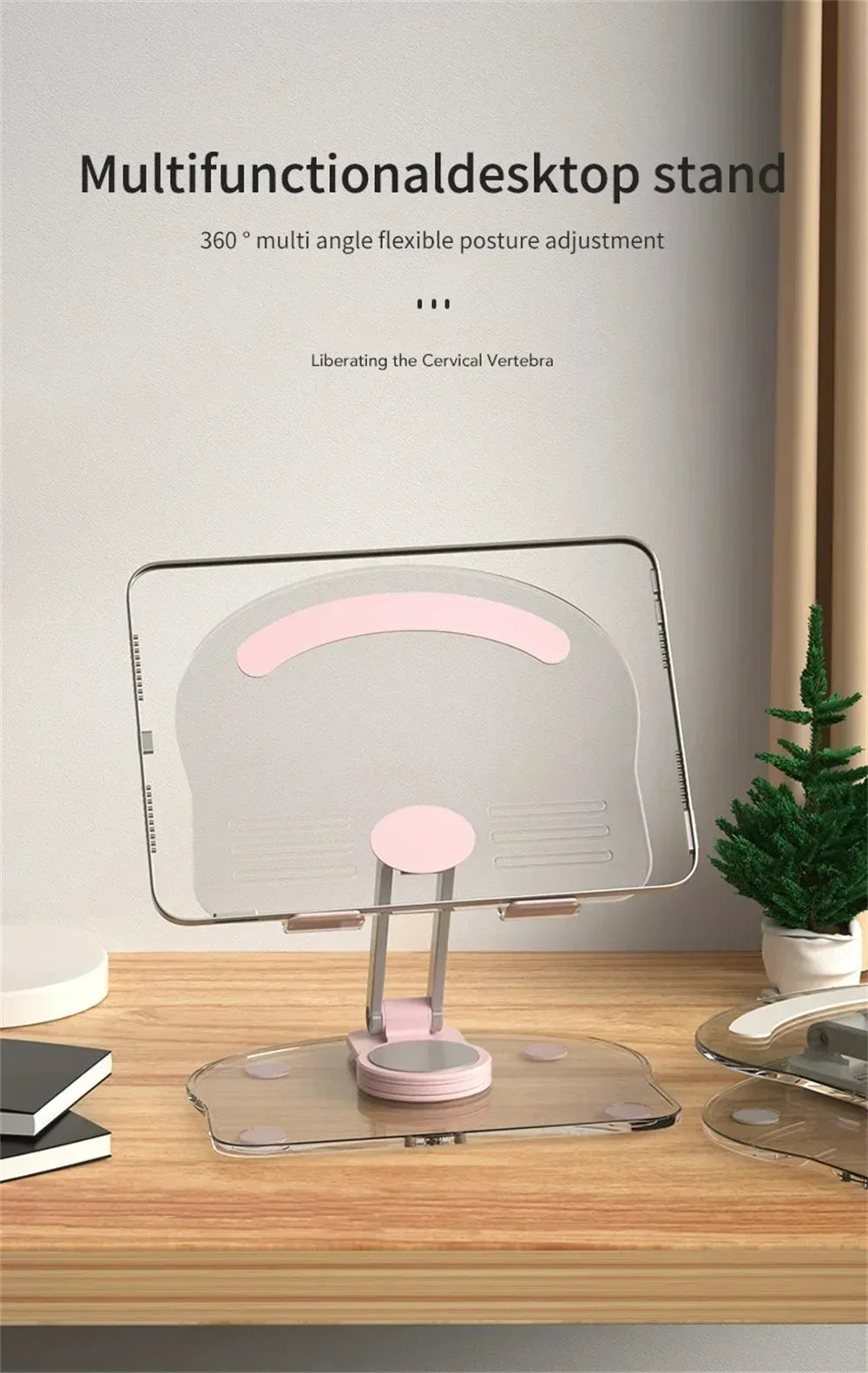 A silver acrylic stand is shown holding a tablet, designed for multi angle flexible posture adjustment.