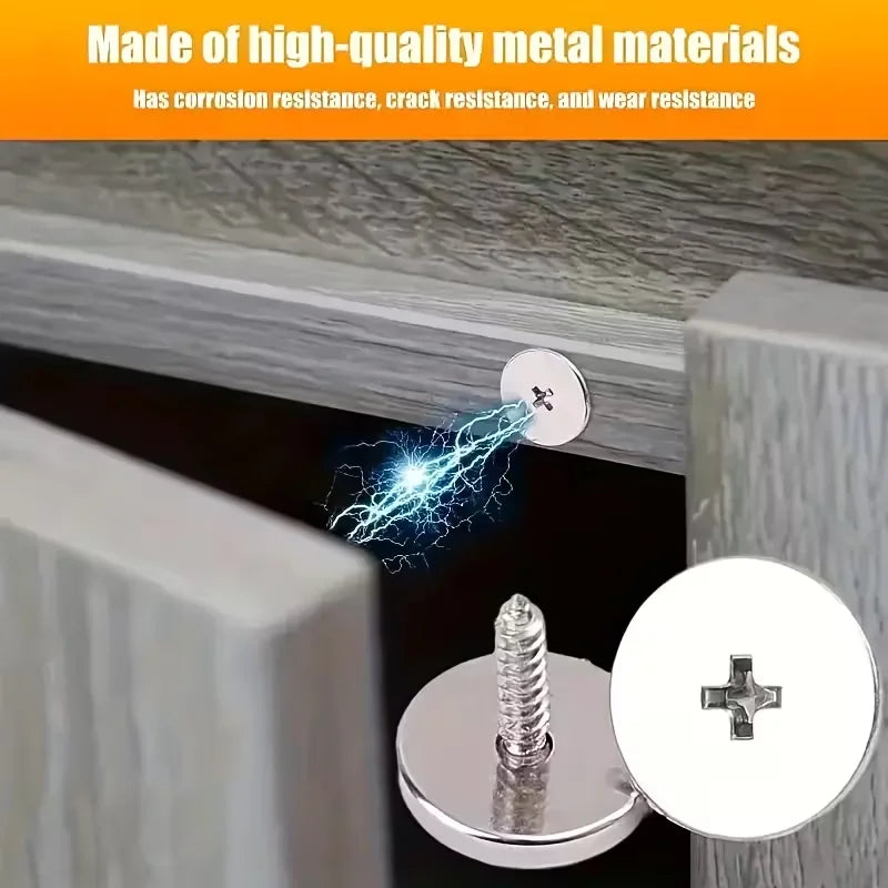 Close-up of a metal cabinet door catch with a silver finish and a visible electrical spark.
