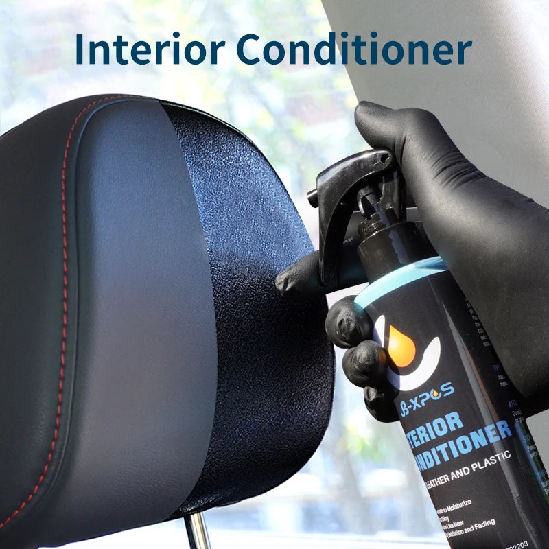 A hand applies interior conditioner to a car seat, showing the product bottle and the leather surface.