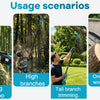 Usage scenarios showing a cordless pole saw used for cutting bamboo, trimming branches, and one-handed wood sawing.