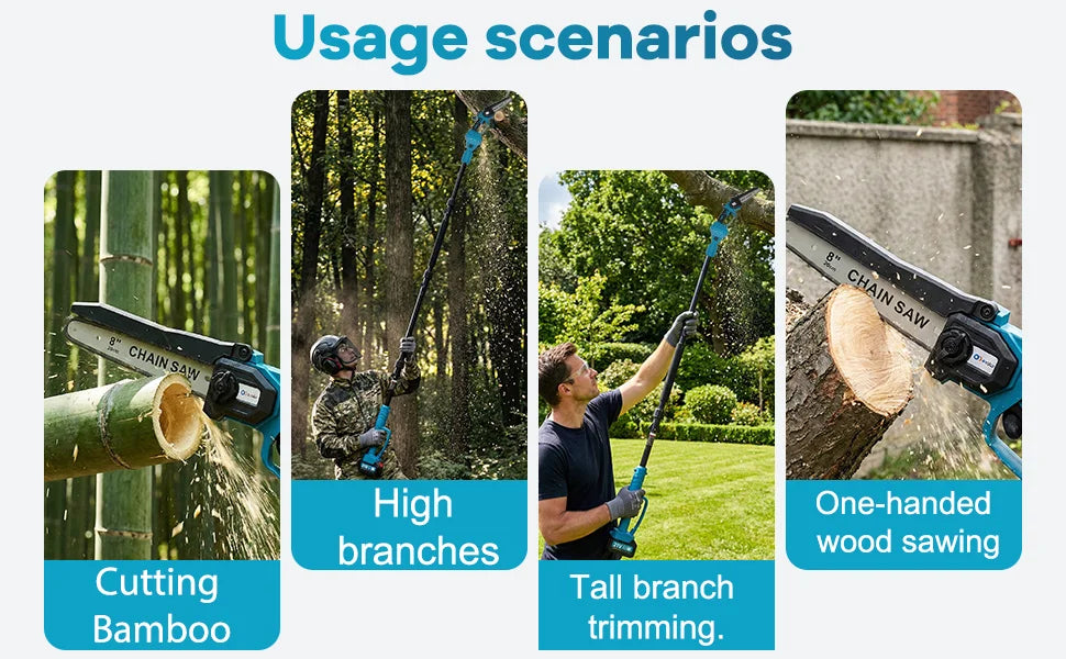 Usage scenarios showing a cordless pole saw used for cutting bamboo, trimming branches, and one-handed wood sawing.