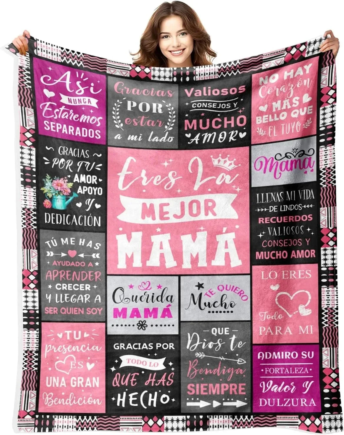 A colorful printed fleece throw blanket featuring text in Spanish and English about mothers