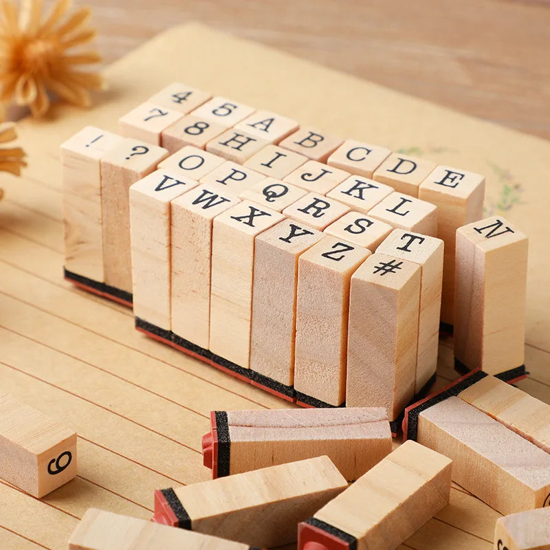 Vintage Wooden Rubber Stamp Set with Ink Pad