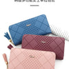 Three multipurpose wallet clutches in blue, pink, and mauve colors displayed on a white background.
