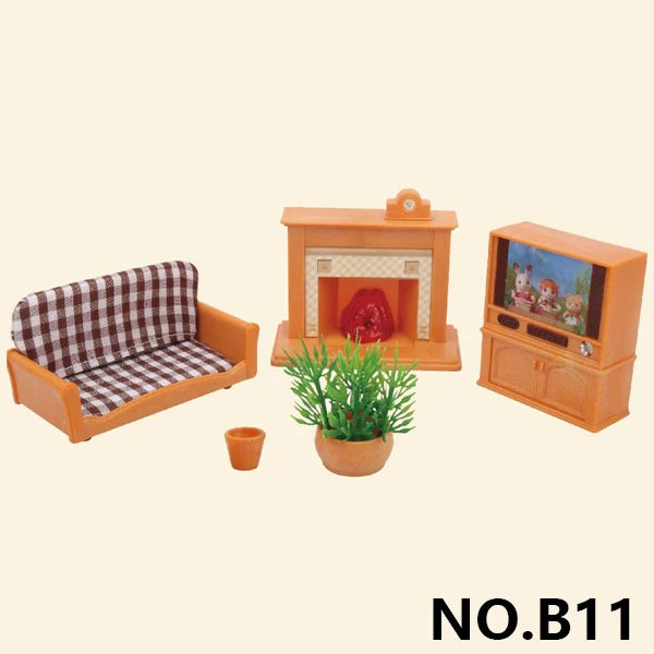 A miniature dollhouse set featuring a wooden fireplace, a sofa with a checkered cushion, and a wooden cabinet.