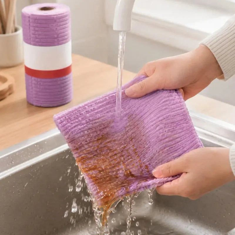 Hands are using a reusable purple tear-away cleaning cloth to wash dishes in a kitchen sink.