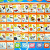 A colorful interactive learning poster with letters and corresponding pictures for Spanish and English.