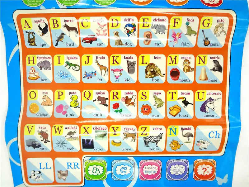 A colorful interactive learning poster with letters and corresponding pictures for Spanish and English.