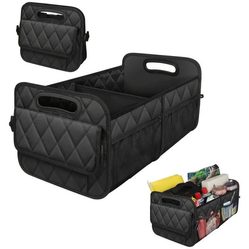 Black foldable waterproof car trunk organizer with six pockets shown in various configurations.