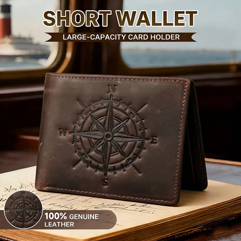 Men's Leather Wallet with Compass Pattern and RFID Protection