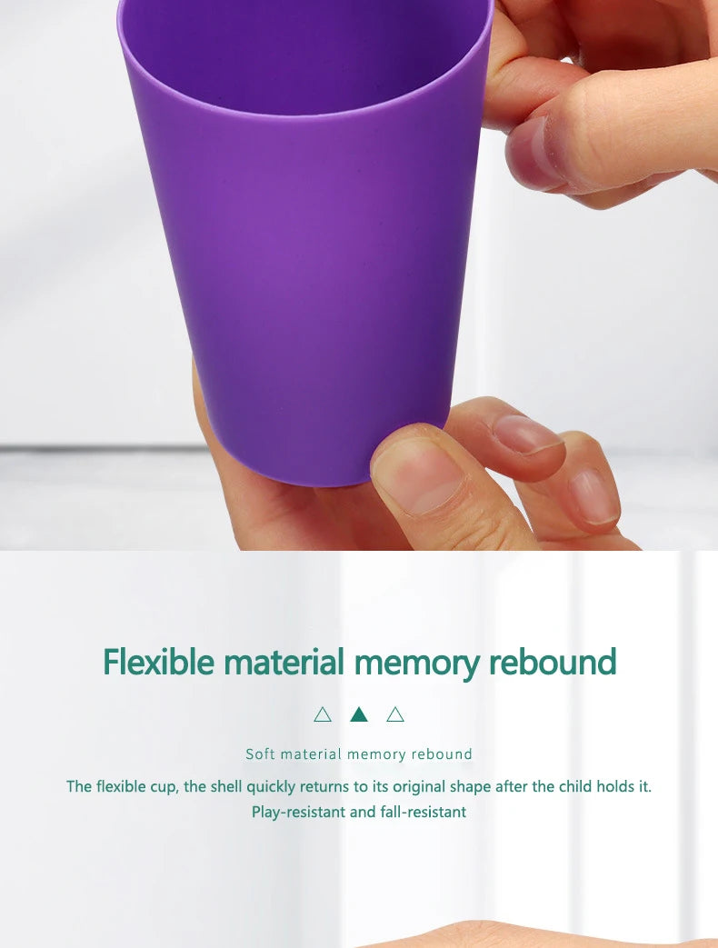 A hand holds a purple flexible cup demonstrating its memory rebound feature.
