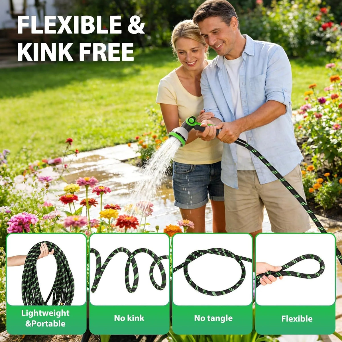 A man and woman are using a flexible garden hose for watering plants in a garden setting.
