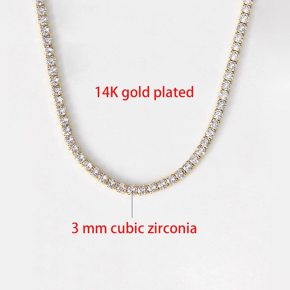 A close-up of a tennis choker necklace featuring 3 mm cubic zirconia stones plated in 14K gold.