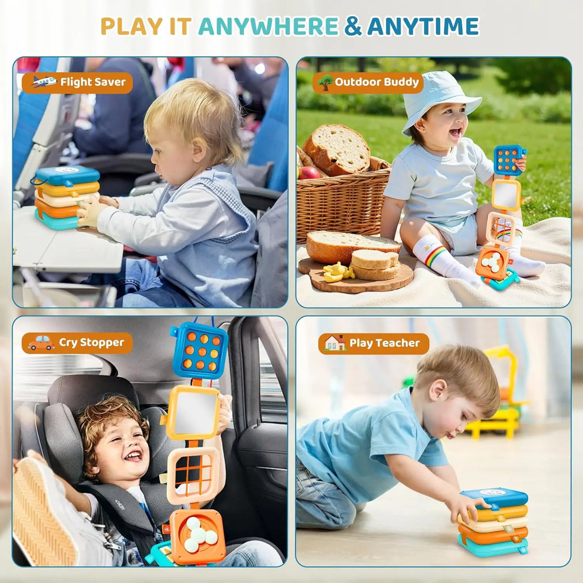 A set of sensory folding activity cubes and a play teacher toy used for toddlers' fine motor skills development.