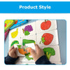 A set of colorful puzzle cards featuring animals and fruits for a toddler matching game.