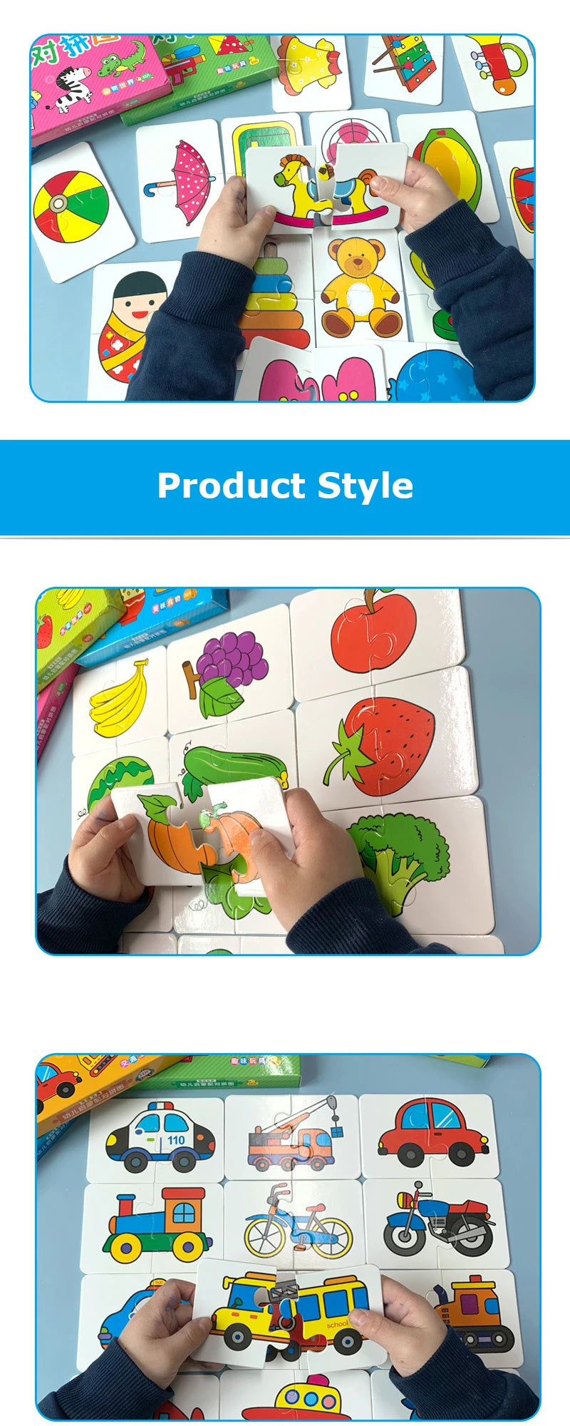 A set of colorful puzzle cards featuring animals and fruits for a toddler matching game.