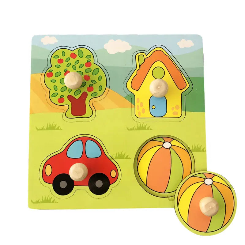 A wooden peg puzzle set featuring a tree, a house, and a car for toddlers' learning.