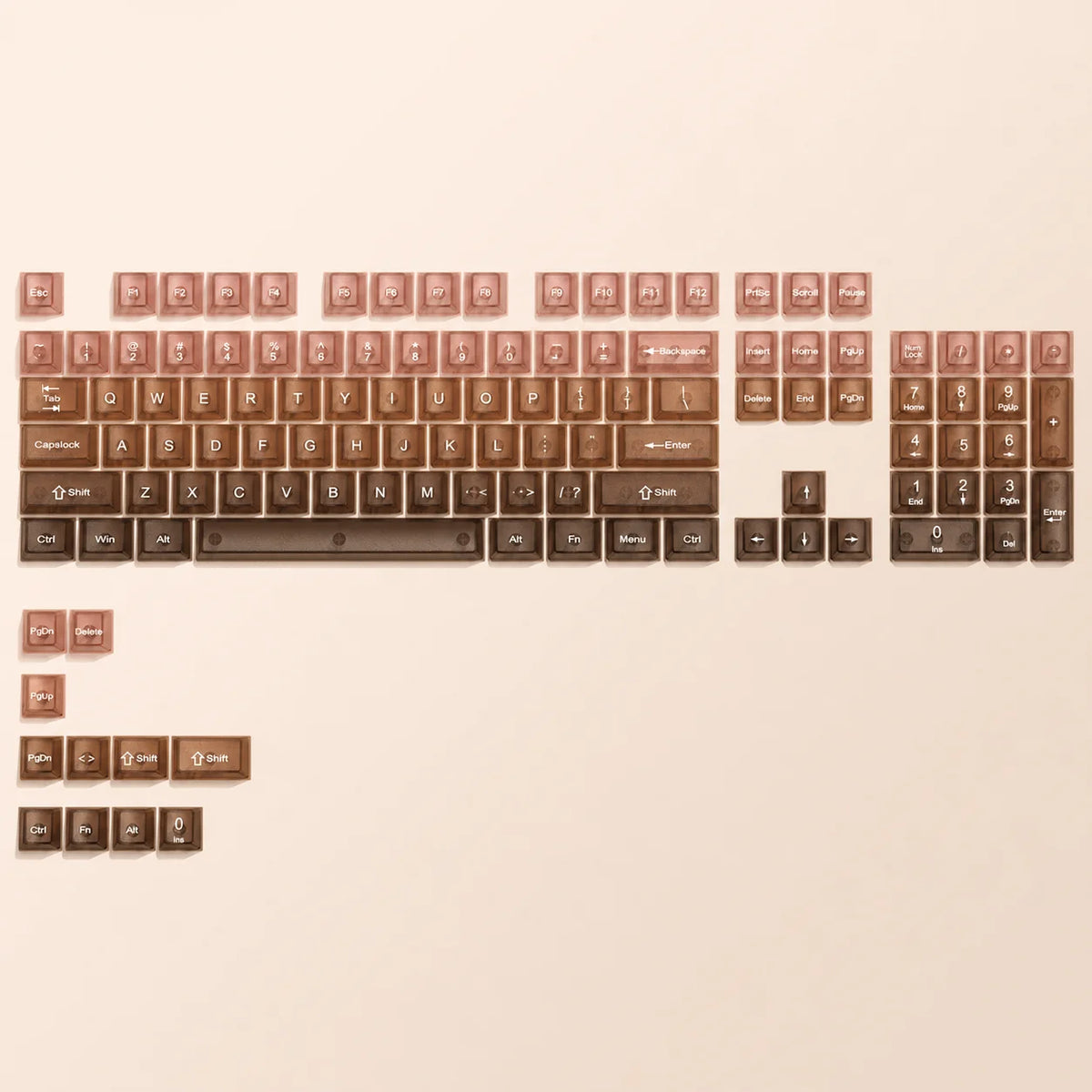 A full set of 115-key crystal clear RGB backlit keycaps in MDA profile layout.