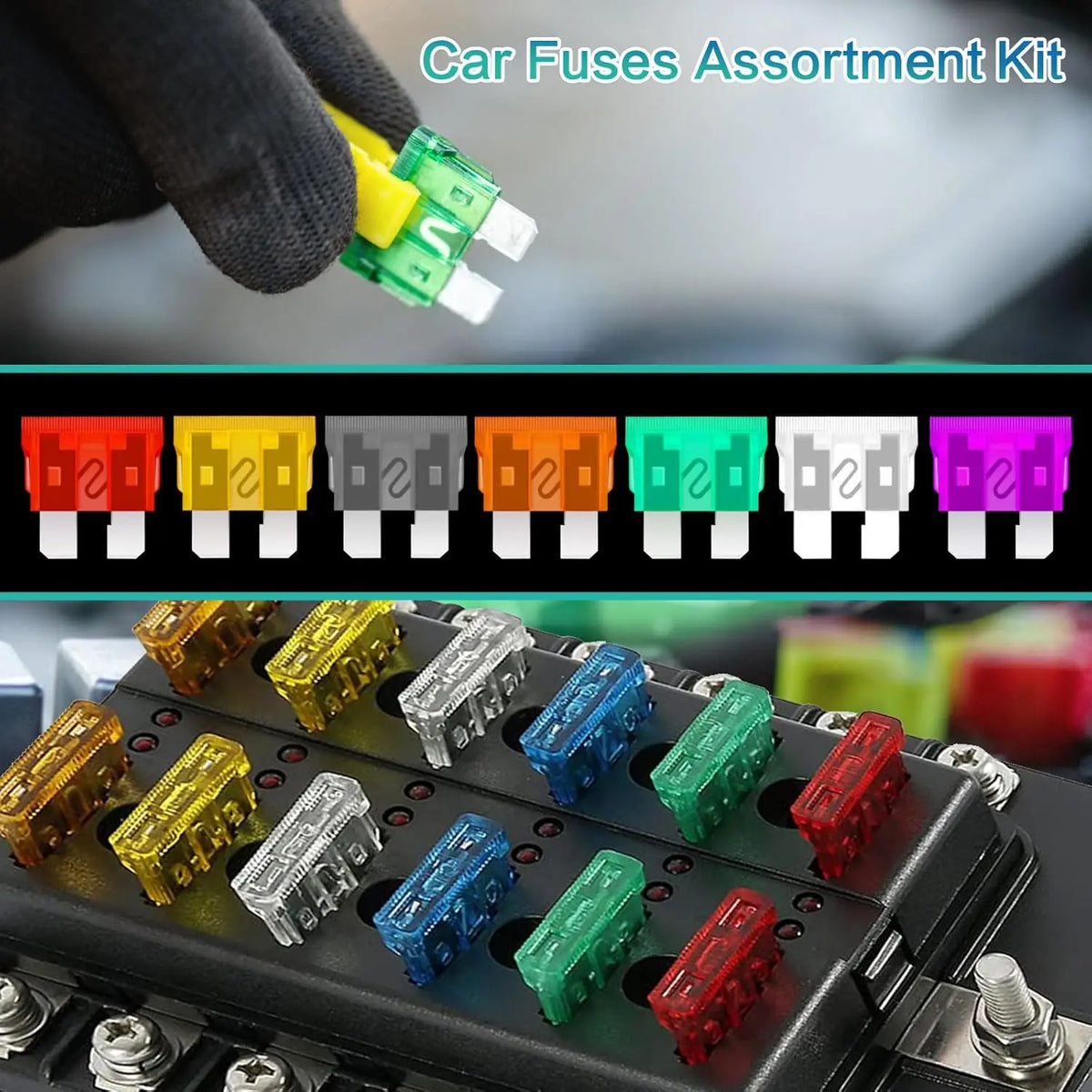 A hand holds a green car fuse assortment kit with puller and circuit tester components placed on a black electrical block.